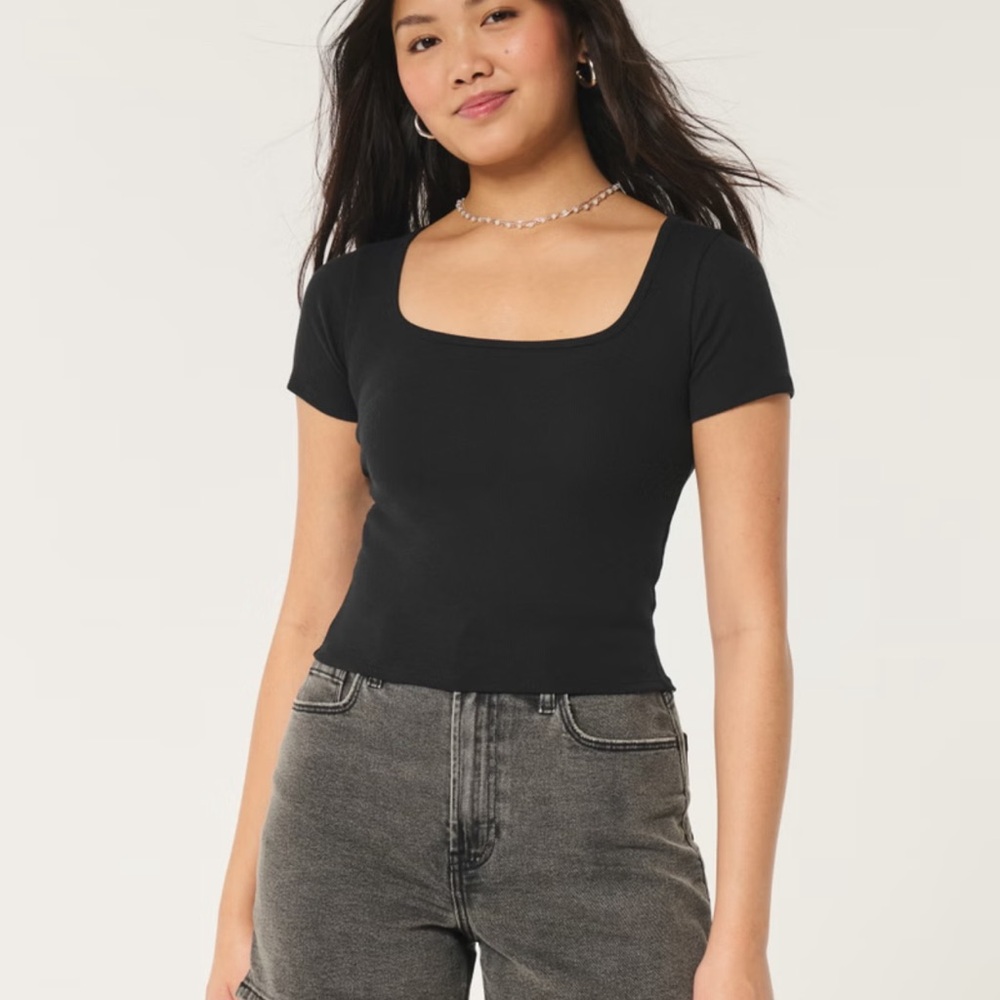 Hollister Black Ribbed Square-Neck Baby Tee | Large
